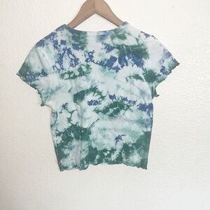 Dickies Tie Dye Cropped Blue Green White Lettuce Hem Short Sleeve Shirt